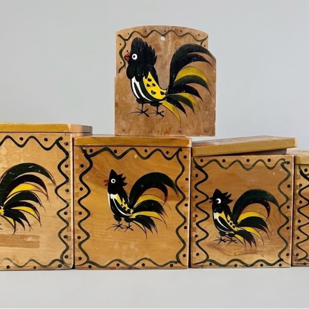 Vintage Hand-Painted Rooster Wood Kitchen Canister Set - Natural Yellow & Black